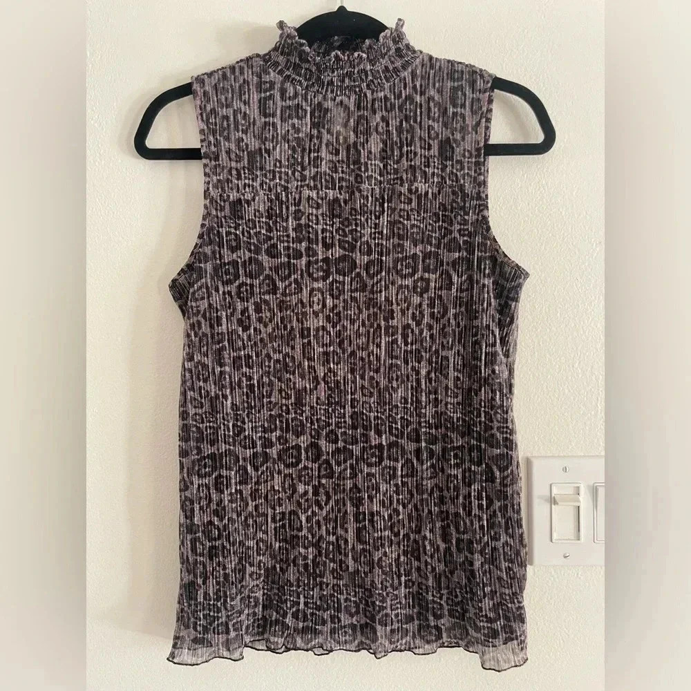 Adrianna Papell Pleated Mock Neck Sparkle Leopard Print Sleeveless Top Small